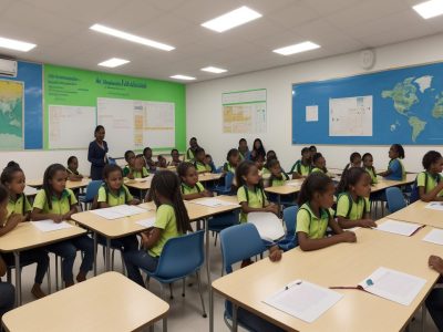 Imagem de uma escola moderna, mostrando o planejamento escolar e a liderança pedagógica em ação, com foco em gestão escolar.