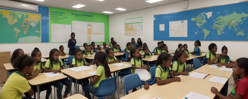 Imagem de uma escola moderna, mostrando o planejamento escolar e a liderança pedagógica em ação, com foco em gestão escolar.