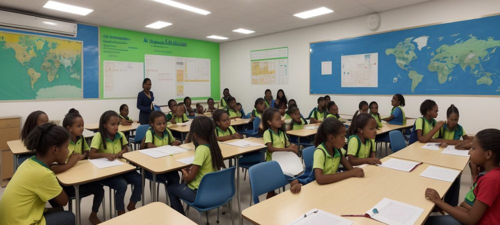 Imagem de uma escola moderna, mostrando o planejamento escolar e a liderança pedagógica em ação, com foco em gestão escolar.