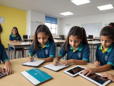 Ambiente escolar moderno com estudantes utilizando tecnologias e metodologias de gestão escolar eficaz
