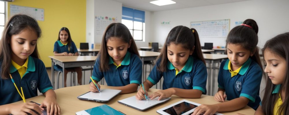 Ambiente escolar moderno com estudantes utilizando tecnologias e metodologias de gestão escolar eficaz