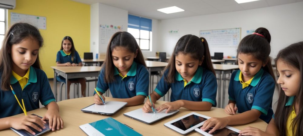 Ambiente escolar moderno com estudantes utilizando tecnologias e metodologias de gestão escolar eficaz