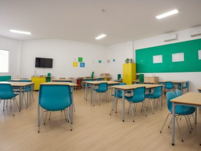 Ambiente escolar moderno com alunos utilizando tecnologias na educação para gestão eficaz