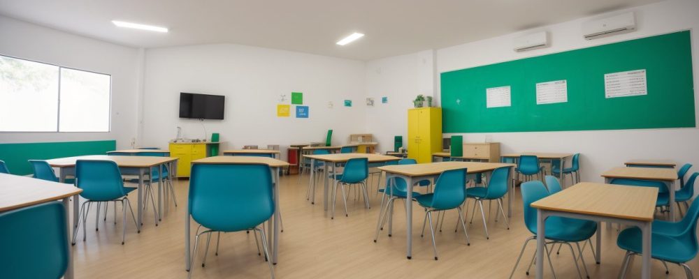 Ambiente escolar moderno com alunos utilizando tecnologias na educação para gestão eficaz