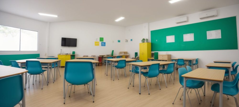 Ambiente escolar moderno com alunos utilizando tecnologias na educação para gestão eficaz