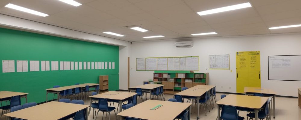 Imagem de uma escola com alunos e professores interagindo em um ambiente colaborativo e eficiente, representando a gestão escolar de sucesso.