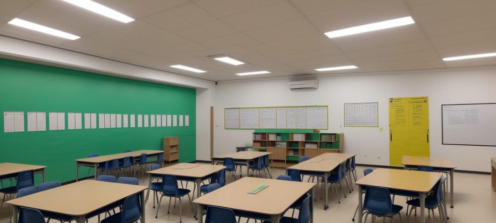 Imagem de uma escola com alunos e professores interagindo em um ambiente colaborativo e eficiente, representando a gestão escolar de sucesso.