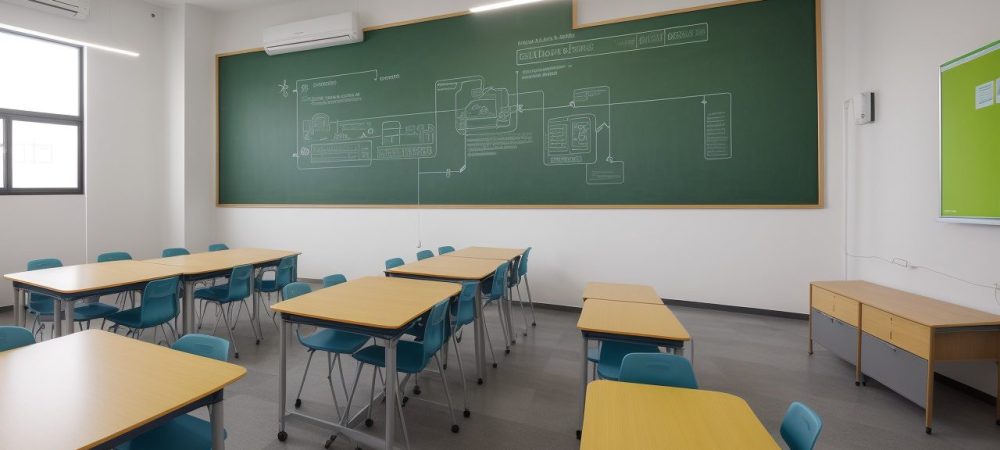 Imagem representando liderança pedagógica e gestão escolar, com símbolos de inovação e engajamento em um ambiente escolar dinâmico.