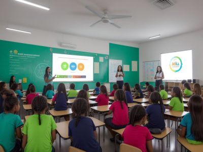 Representação visual de um ambiente escolar dinâmico, com foco em gestão escolar, planejamento escolar e benefícios para alunos e educadores.