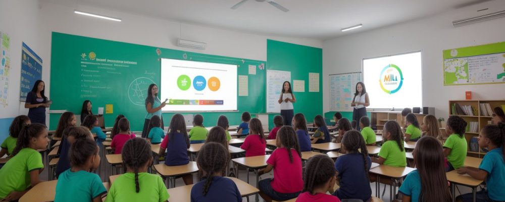 Representação visual de um ambiente escolar dinâmico, com foco em gestão escolar, planejamento escolar e benefícios para alunos e educadores.