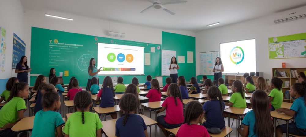 Representação visual de um ambiente escolar dinâmico, com foco em gestão escolar, planejamento escolar e benefícios para alunos e educadores.