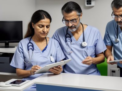 Imagem mostrando a gestão hospitalar em ação, com profissionais de saúde interagindo com pacientes e utilizando tecnologias modernas.