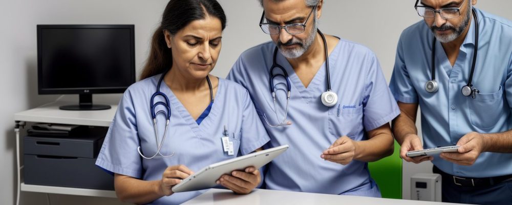 Imagem mostrando a gestão hospitalar em ação, com profissionais de saúde interagindo com pacientes e utilizando tecnologias modernas.