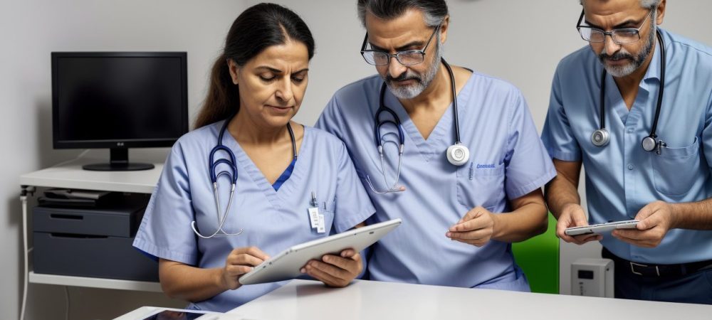 Imagem mostrando a gestão hospitalar em ação, com profissionais de saúde interagindo com pacientes e utilizando tecnologias modernas.