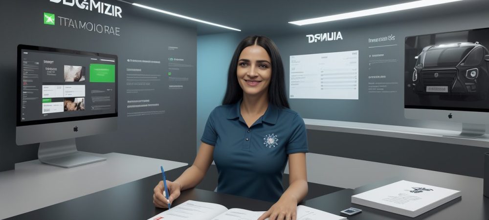 Diagrama de gestão de estoque, com pessoas trabalhando, gráficos e prateleiras de produtos, ilustrando o planejamento de compras para pequenas empresas