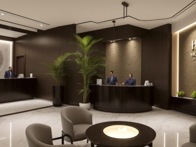 Ilustração de um hotel moderno com hóspedes e funcionários interagindo, representando a gestão hoteleira e o marketing digital para hotéis