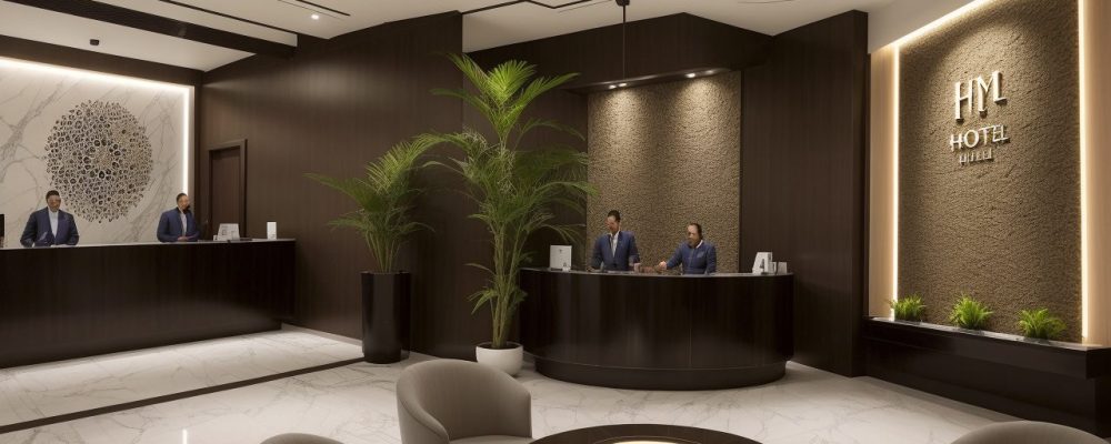 Ilustração de um hotel moderno com hóspedes e funcionários interagindo, representando a gestão hoteleira e o marketing digital para hotéis