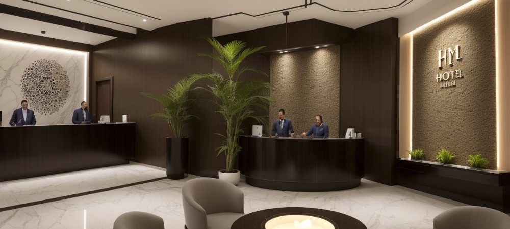 Ilustração de um hotel moderno com hóspedes e funcionários interagindo, representando a gestão hoteleira e o marketing digital para hotéis