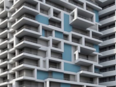 Imagem mostrando um edifício moderno com um diagrama representando a gestão de manutenção predial, com foco em segurança e eficiência.