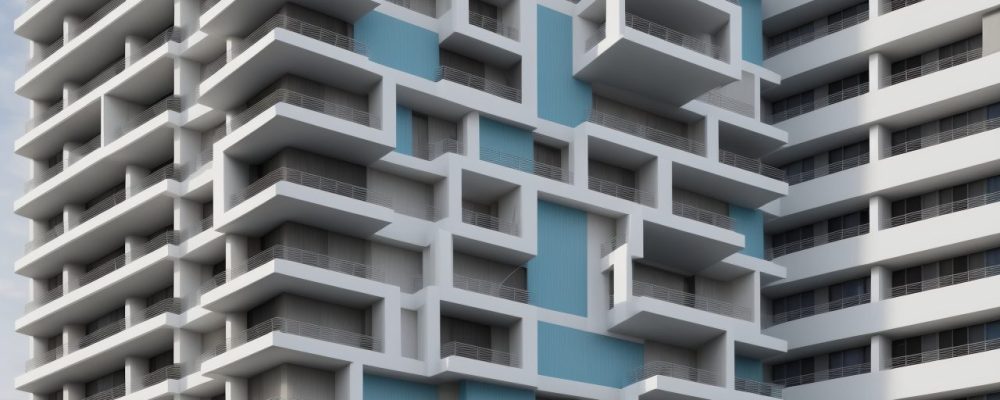 Imagem mostrando um edifício moderno com um diagrama representando a gestão de manutenção predial, com foco em segurança e eficiência.