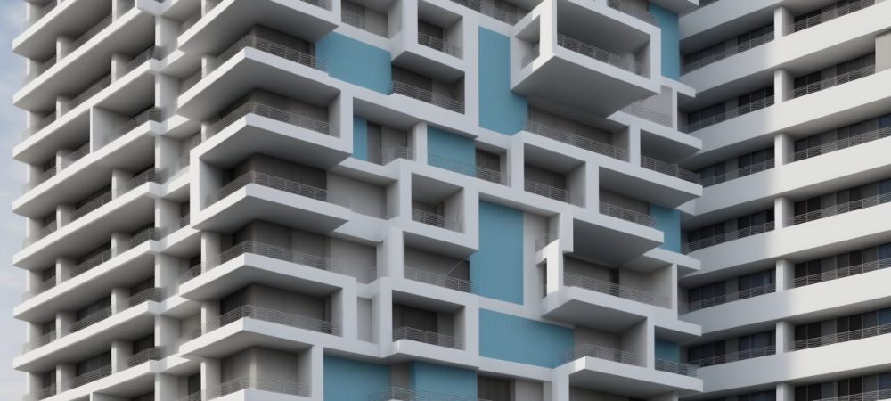 Imagem mostrando um edifício moderno com um diagrama representando a gestão de manutenção predial, com foco em segurança e eficiência.