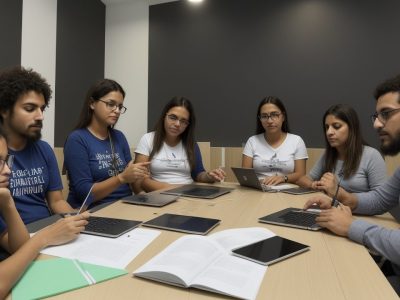 Profissionais de RH discutindo estratégias para gestão de recursos humanos em um ambiente de trabalho moderno e colaborativo.