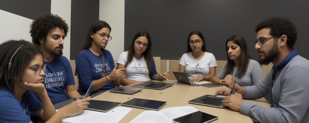 Profissionais de RH discutindo estratégias para gestão de recursos humanos em um ambiente de trabalho moderno e colaborativo.