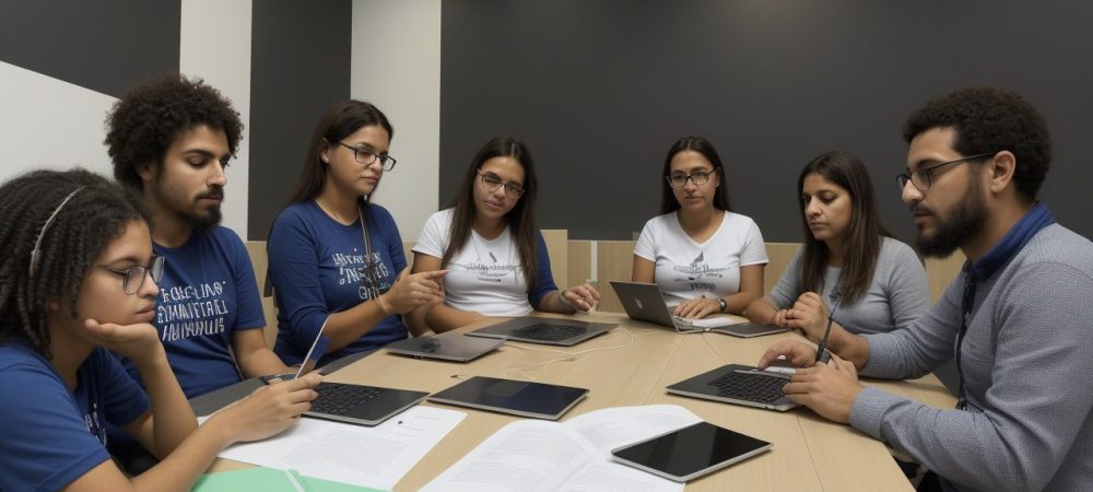 Profissionais de RH discutindo estratégias para gestão de recursos humanos em um ambiente de trabalho moderno e colaborativo.