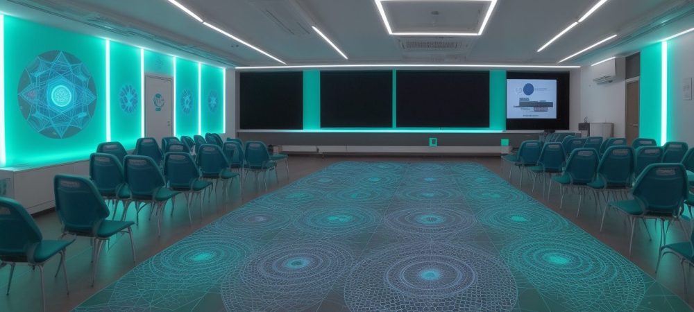 Ilustração de um profissional interagindo com um sistema de gestão escolar, representando ferramentas para o futuro da educação.