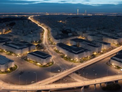 Ilustração de gestão de trânsito otimizando o fluxo de veículos e integrando modais de transporte para uma mobilidade urbana eficiente e segura.