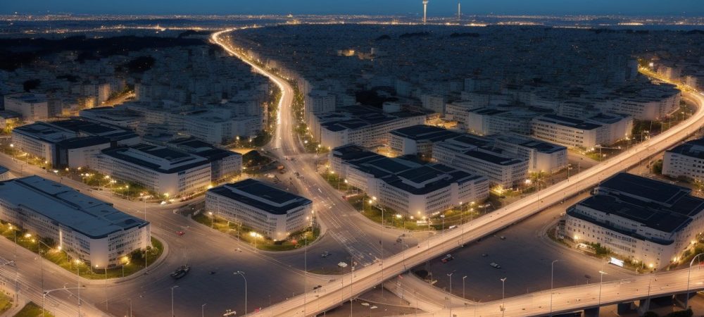 Ilustração de gestão de trânsito otimizando o fluxo de veículos e integrando modais de transporte para uma mobilidade urbana eficiente e segura.