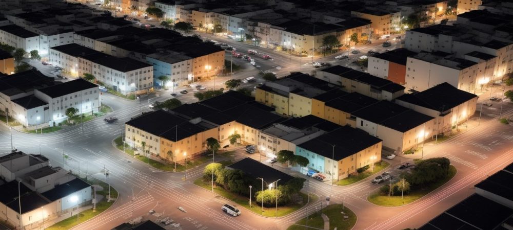 Visão geral de uma cidade com trânsito fluindo, com foco em tecnologias de gestão para otimizar a mobilidade urbana e segurança viária.