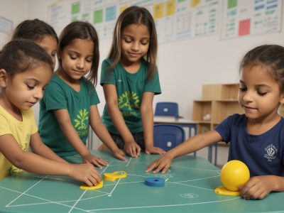Crianças praticando ginástica na escola, felizes e engajadas em atividades físicas e educativas.