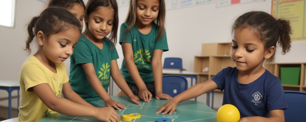 Crianças praticando ginástica na escola, felizes e engajadas em atividades físicas e educativas.
