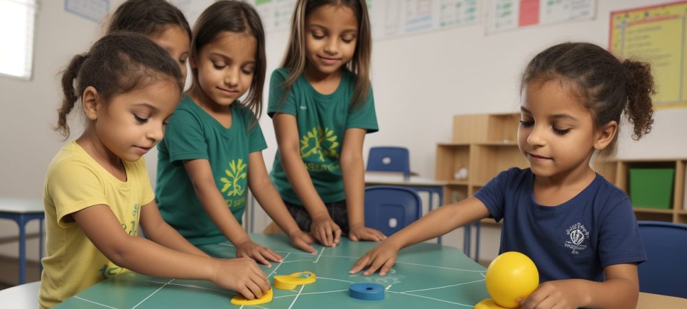 Crianças praticando ginástica na escola, felizes e engajadas em atividades físicas e educativas.