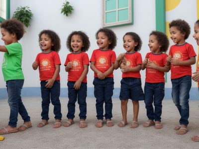 Crianças praticando atividades de ginástica na escola, com foco em diversão, aprendizado e desenvolvimento motor.