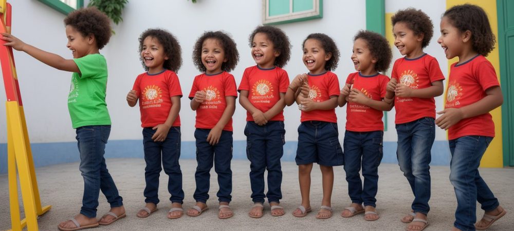 Crianças praticando atividades de ginástica na escola, com foco em diversão, aprendizado e desenvolvimento motor.