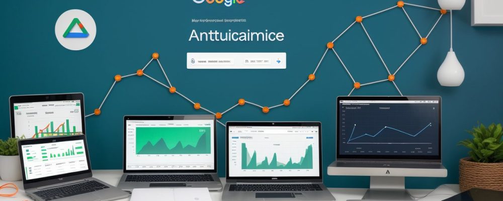 Representação visual de um curso online sobre Google Analytics 4, mostrando interface do GA4 e gráficos de análise de dados