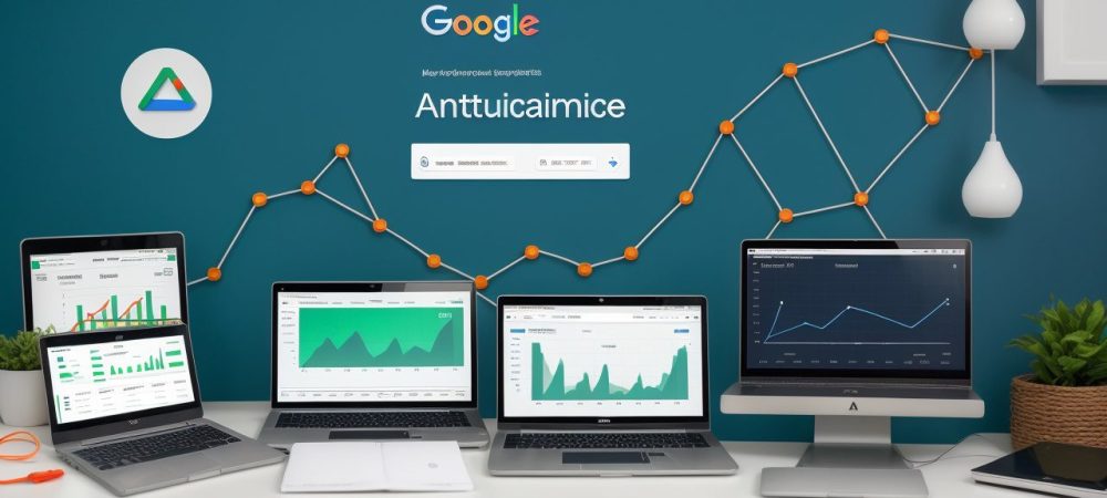 Google Analytics 4: Curso Online e Análise de Dados Representação visual de um curso online sobre Google Analytics 4, mostrando interface do GA4 e gráficos de análise de dados