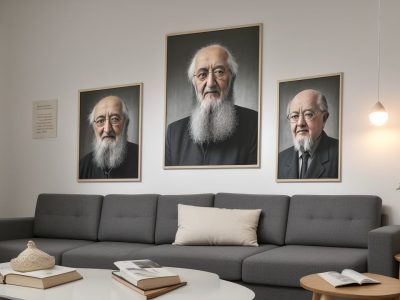 Ilustração de sala de aula com livros e retratos de Paulo Freire, Jean Piaget e Maria Montessori, simbolizando os grandes pensadores da educação.