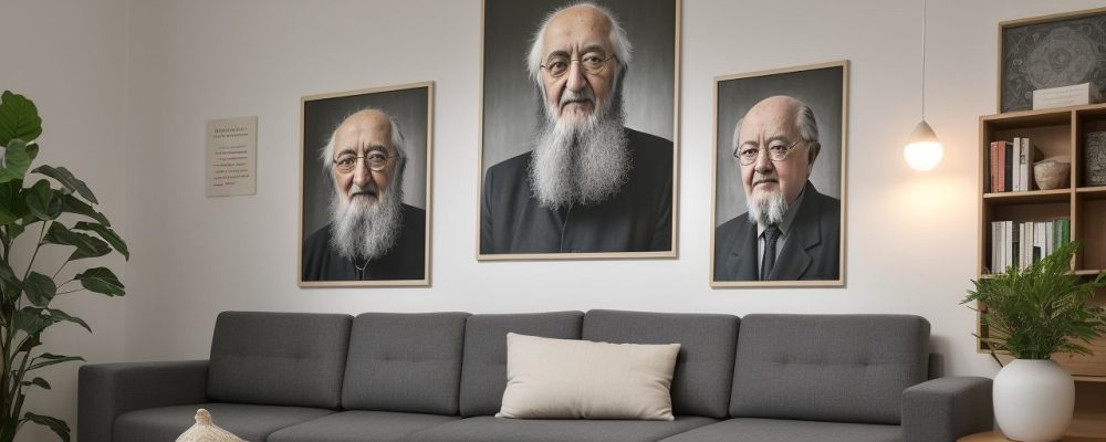 Ilustração de sala de aula com livros e retratos de Paulo Freire, Jean Piaget e Maria Montessori, simbolizando os grandes pensadores da educação.