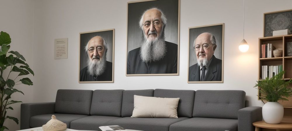 Ilustração de sala de aula com livros e retratos de Paulo Freire, Jean Piaget e Maria Montessori, simbolizando os grandes pensadores da educação.