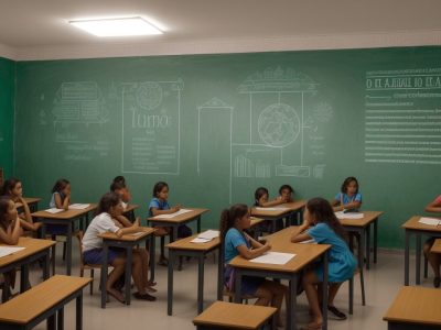 Uma sala de aula moderna, com imagens de Paulo Freire, Jean Piaget e outros pensadores da educação, estimulando o debate.