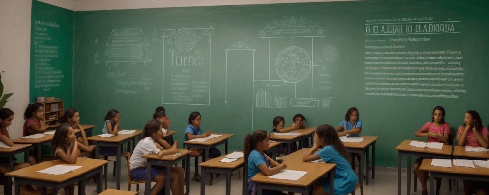 Uma sala de aula moderna, com imagens de Paulo Freire, Jean Piaget e outros pensadores da educação, estimulando o debate.