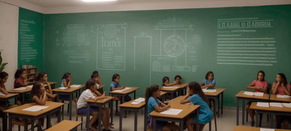 Grandes Pensadores da Educação: Reflexão e Debate em Sala de Aula Uma sala de aula moderna, com imagens de Paulo Freire, Jean Piaget e outros pensadores da educação, estimulando o debate.