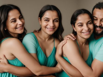 Dois pais sorrindo e um filho feliz em um ambiente familiar ensolarado, celebrando a guarda compartilhada.
