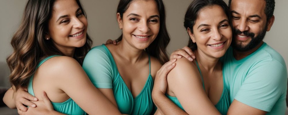 Dois pais sorrindo e um filho feliz em um ambiente familiar ensolarado, celebrando a guarda compartilhada.