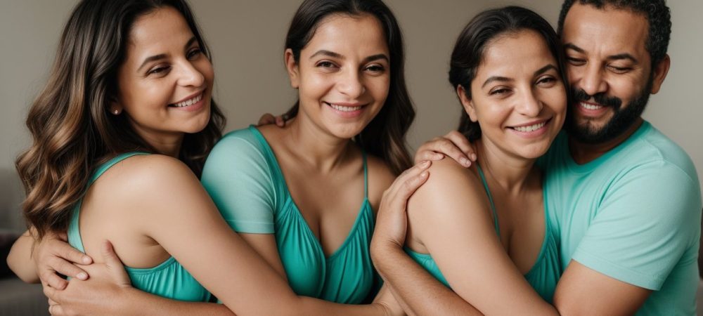 Dois pais sorrindo e um filho feliz em um ambiente familiar ensolarado, celebrando a guarda compartilhada.