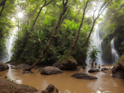 Instrutor de ecoturismo guiando grupo em trilha, demonstrando turismo sustentável e conexão com a natureza