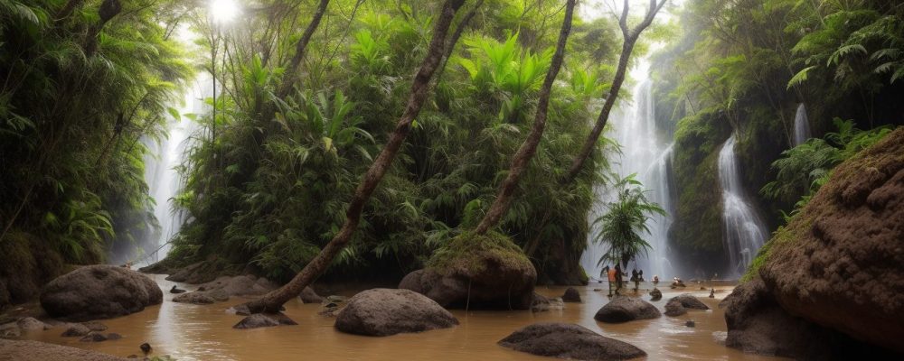 Instrutor de ecoturismo guiando grupo em trilha, demonstrando turismo sustentável e conexão com a natureza